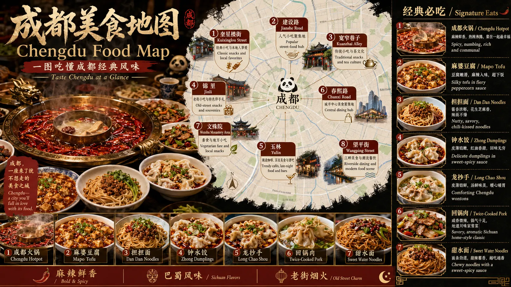 成都美食地图，包含成都火锅、麻婆豆腐、担担面、钟水饺、龙抄手、回锅肉和甜水面