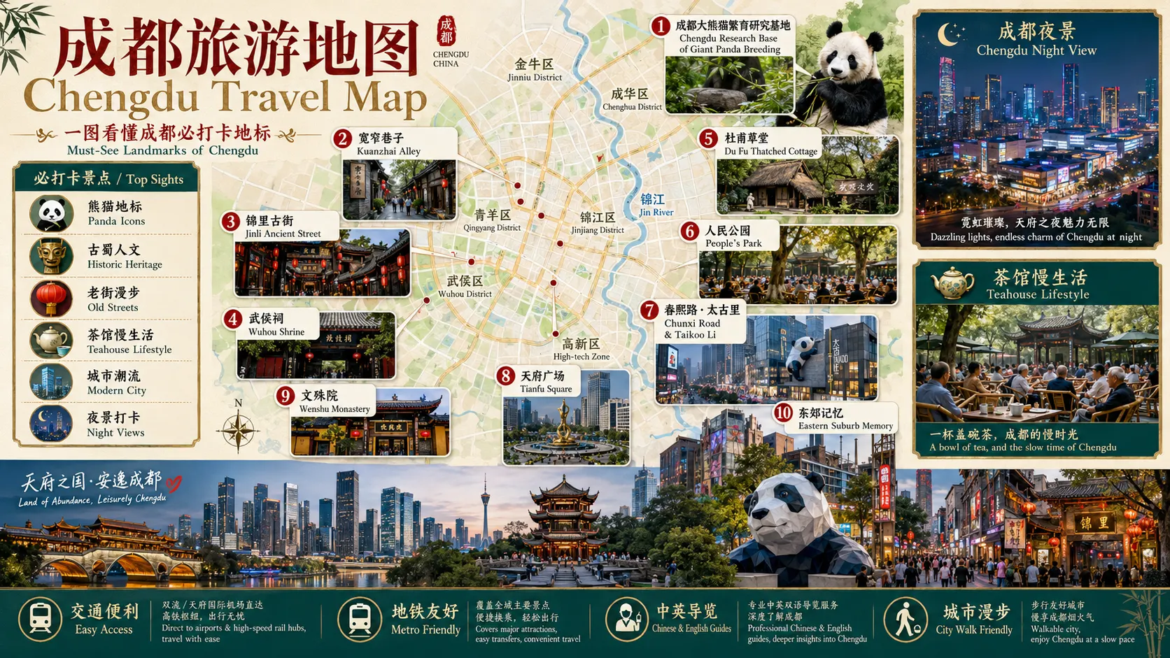 成都旅游地图，包含成都大熊猫繁育研究基地、宽窄巷子、锦里古街、武侯祠、文殊院、人民公园和天府广场