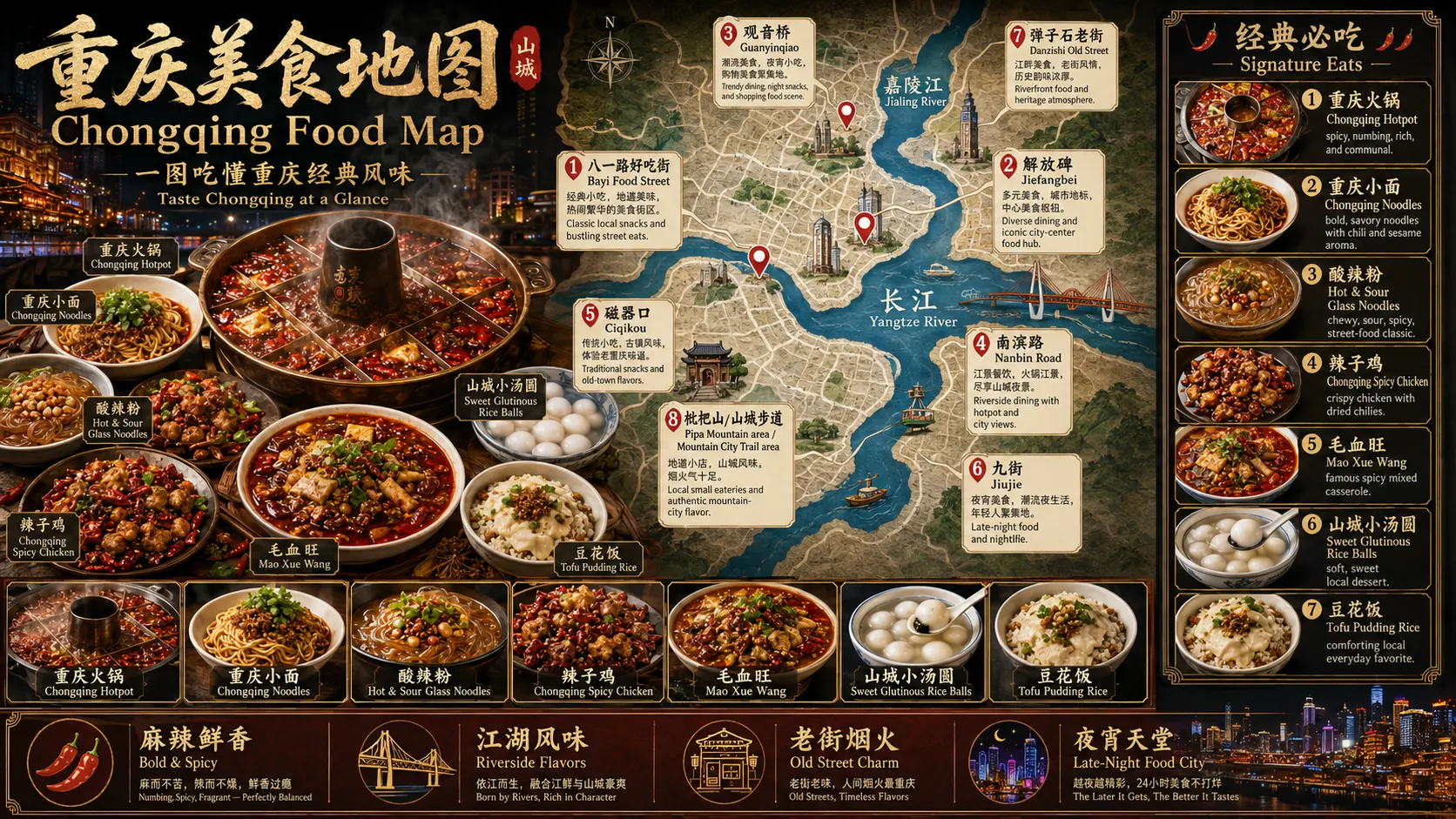 重庆美食地图,包含重庆火锅、重庆小面、酸辣粉、辣子鸡、毛血旺、山城小汤圆和豆花饭