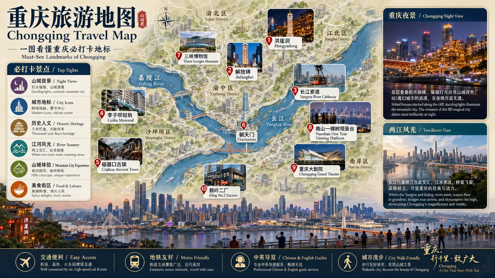 重庆旅游地图,包含洪崖洞、解放碑、长江索道、李子坝轻轨、磁器口古镇、朝天门和南山一棵树观景台