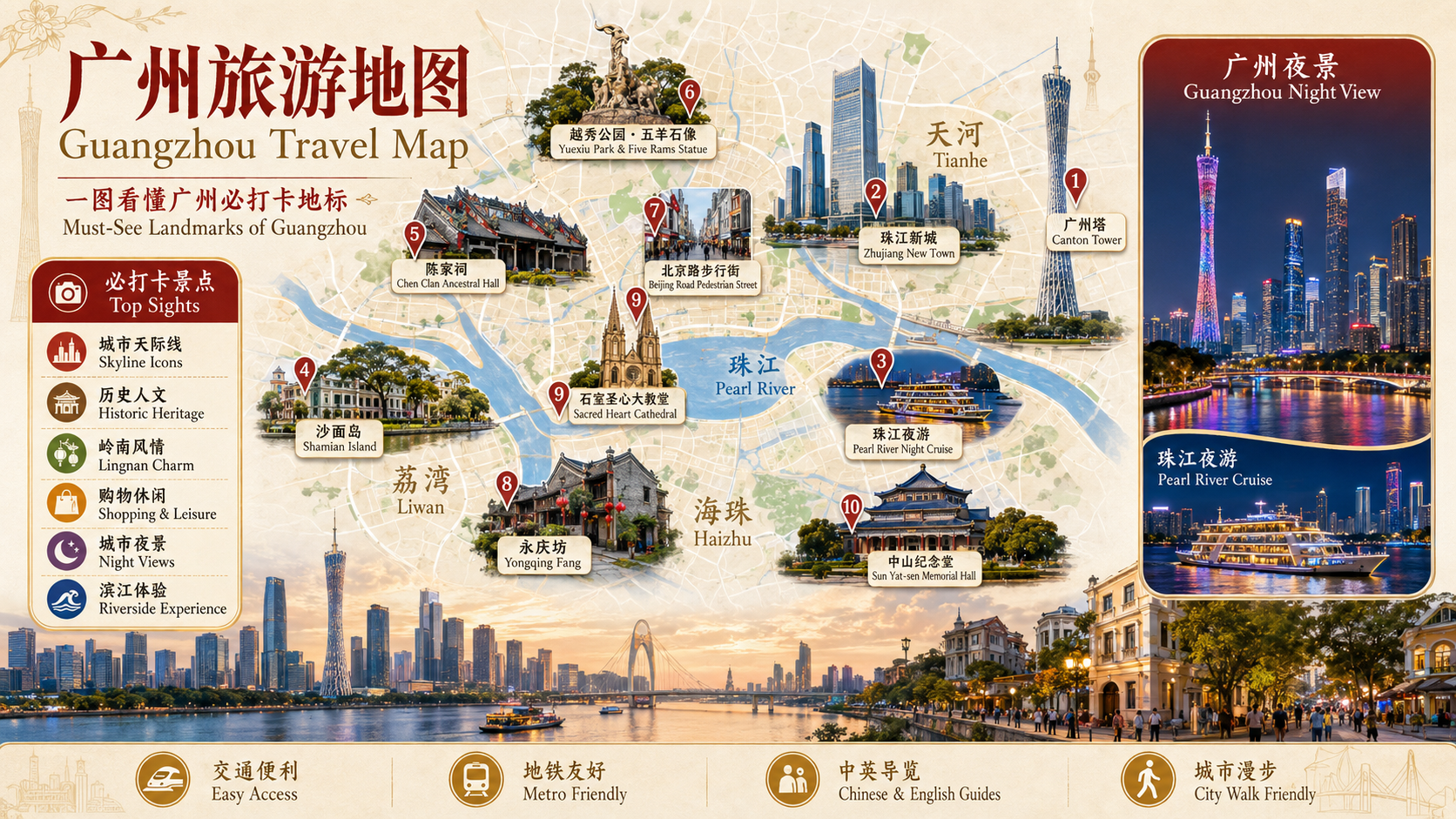 广州旅游地图,包含广州塔、珠江新城、珠江夜游、沙面岛、陈家祠、越秀公园和北京路