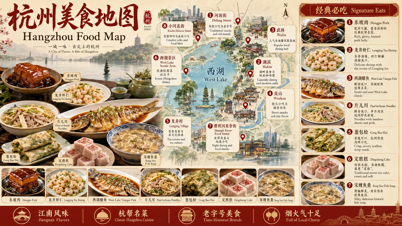 杭州美食地图,包含东坡肉、龙井虾仁、西湖醋鱼、片儿川、葱包桧、定胜糕和宋嫂鱼羹
