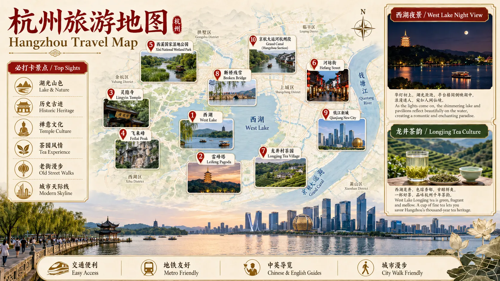 杭州旅游地图,包含西湖、雷峰塔、灵隐寺、飞来峰、龙井村、河坊街、西溪湿地和钱江新城