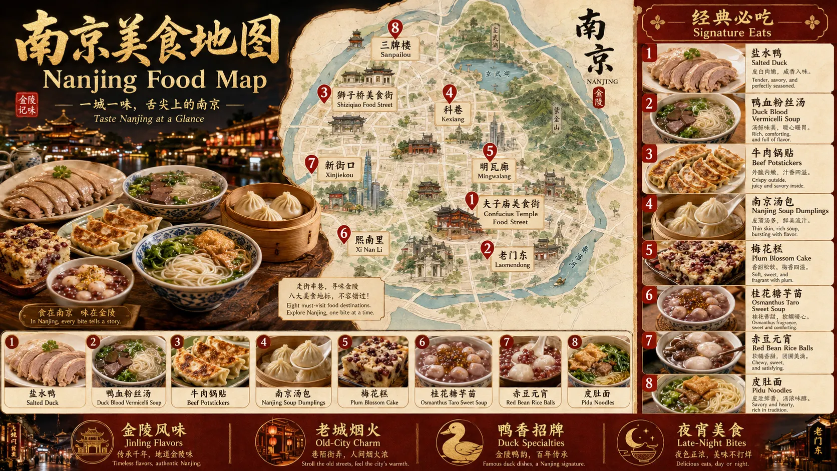 南京美食地图,包含盐水鸭、鸭血粉丝汤、牛肉锅贴、南京汤包、梅花糕、桂花糖芋苗、赤豆元宵和皮肚面