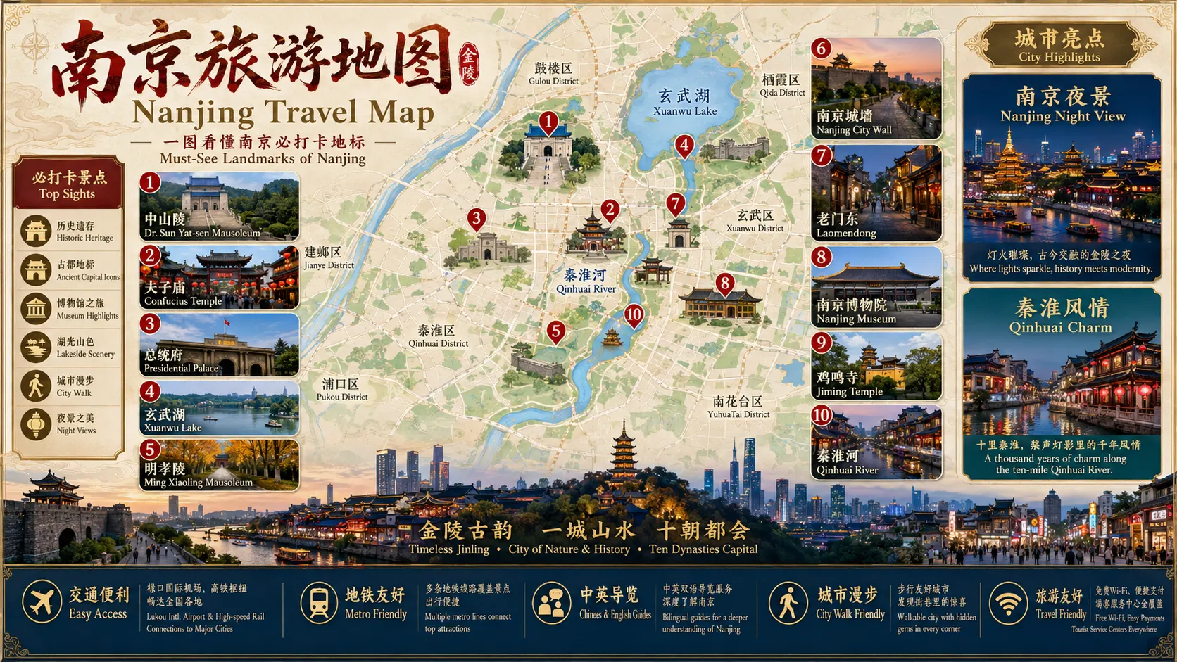 南京旅游地图,包含中山陵、夫子庙、总统府、玄武湖、明孝陵、南京城墙、老门东、南京博物院、鸡鸣寺和秦淮河