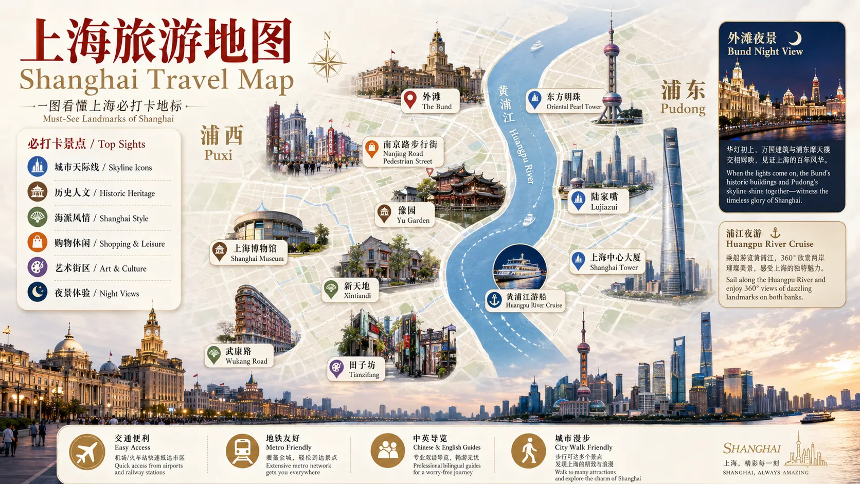 上海旅游地图,包含外滩、东方明珠、南京路、豫园、陆家嘴和黄浦江游船