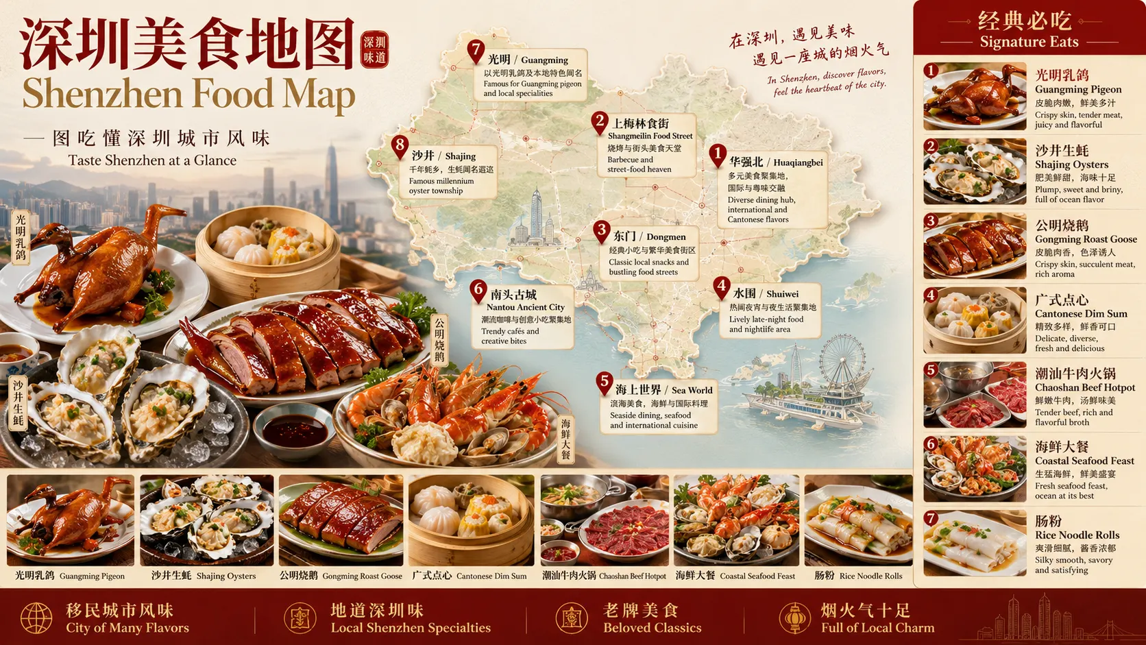 深圳美食地图,包含光明乳鸽、沙井生蚝、公明烧鹅、广式点心、潮汕牛肉火锅、海鲜大餐和肠粉