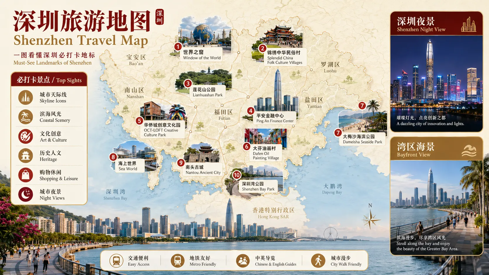 深圳旅游地图,包含世界之窗、锦绣中华、莲花山公园、平安金融中心、大芬油画村、深圳湾公园和海上世界