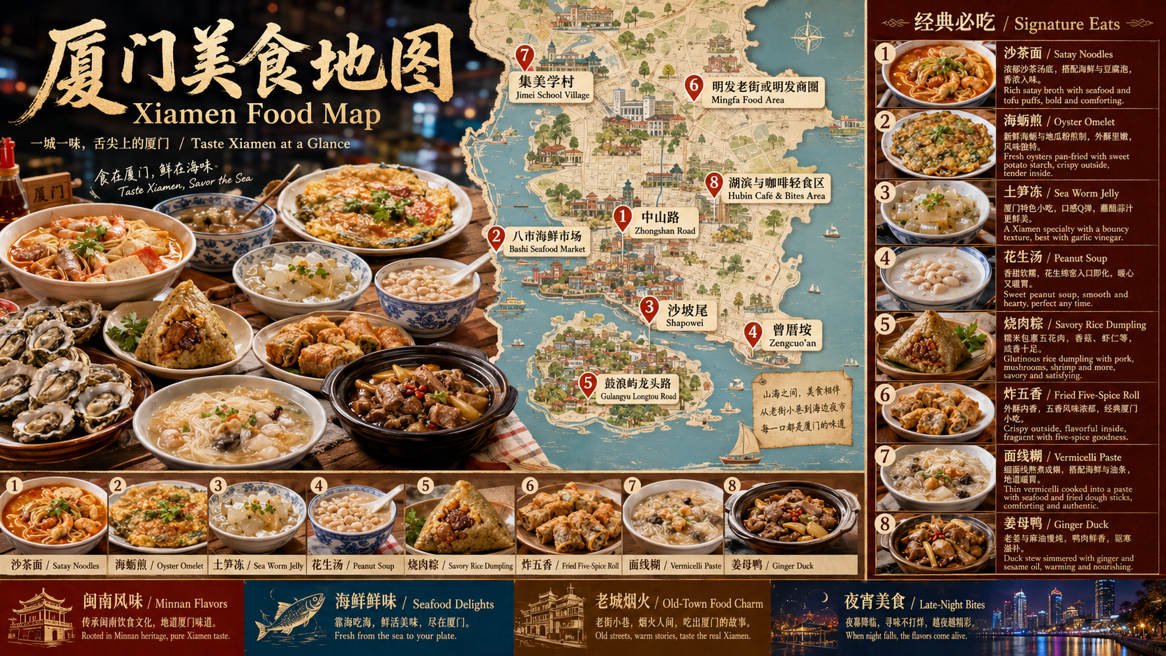 厦门美食地图，包含沙茶面、海蛎煎、土笋冻、花生汤、烧肉粽、炸五香、面线糊和姜母鸭
