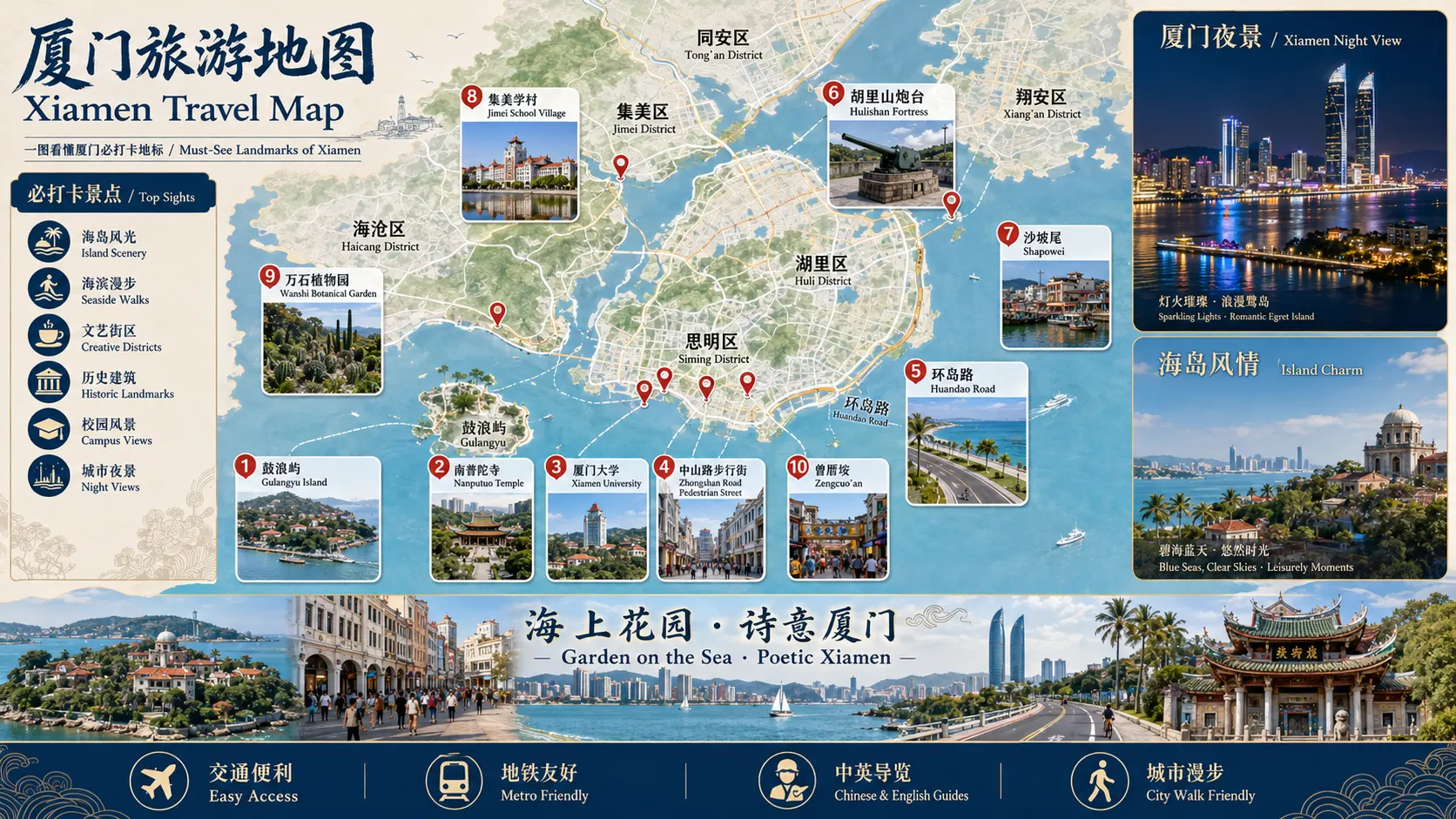 厦门旅游地图,包含鼓浪屿、南普陀寺、厦门大学、中山路步行街、环岛路、胡里山炮台、沙坡尾、集美学村、万石植物园和曾厝垵